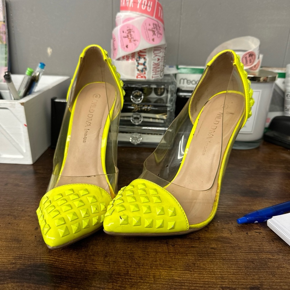 Wild Diva Neon Lime Studded Clear Side Stiletto Heels - Picture 3 of 9